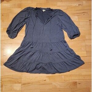 Max Studio 3/4 Sleeve Tiered Dress Slate Split Neck Boho, Women's Medium